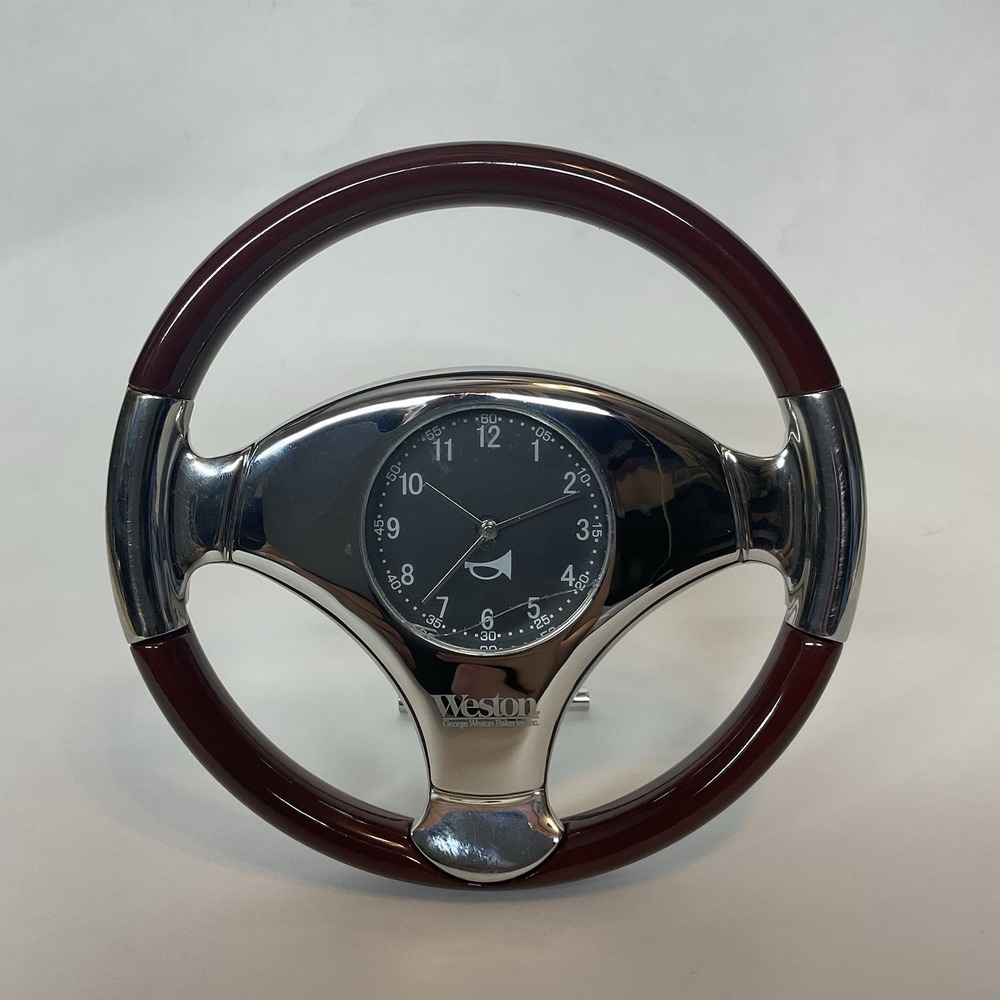 Vintage‎ Weston 6" Chrome and Brown Steering Wheel Desk Clock FLAW
